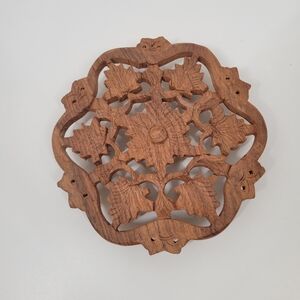 Vintage Hand Carved Wood Floral Leaves Trivet Hot Plate Plant Stand 6"